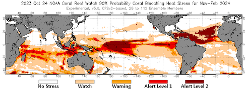 world map with actual coral bleaching